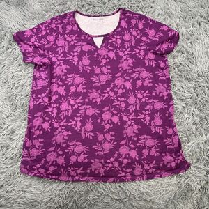 Woman Within Floral Short Sleeve Cutout Top Purple Size 18/20 Large Casual Knit